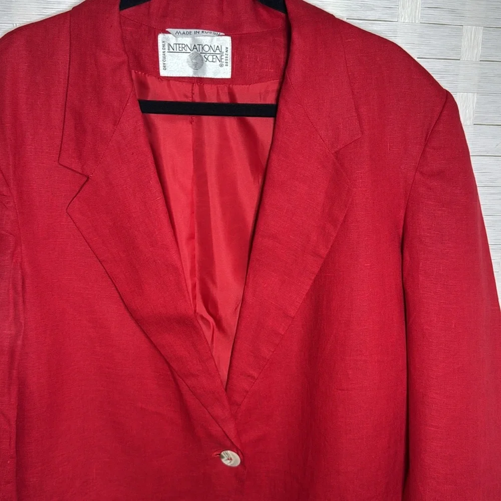 International Scene 1980s Red Linen One Button Blazer Size 14 - Picture 2 of 11